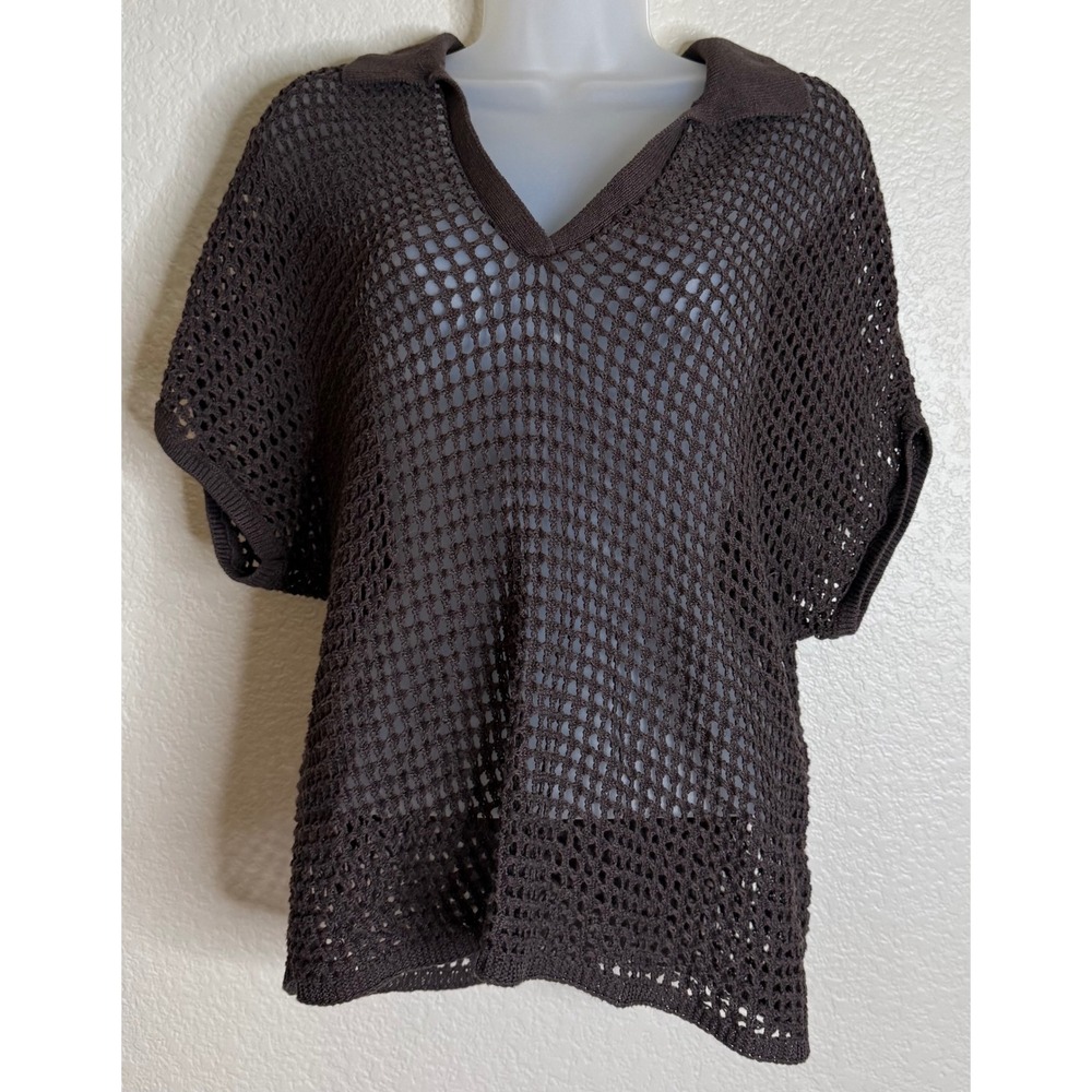 Chicos 1 US M Sweater Top Brown Open Knit Crochet V Neck Collared Short‎ Sleeve